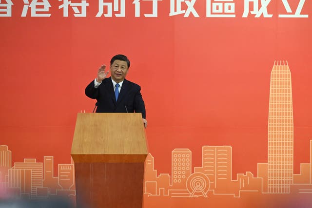 <p>China’s president Xi Jinping delivers a speech after arriving for the upcoming handover anniversary by train in Hong Kong</p>