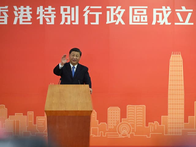 <p>China’s president Xi Jinping delivers a speech after arriving for the upcoming handover anniversary by train in Hong Kong</p>