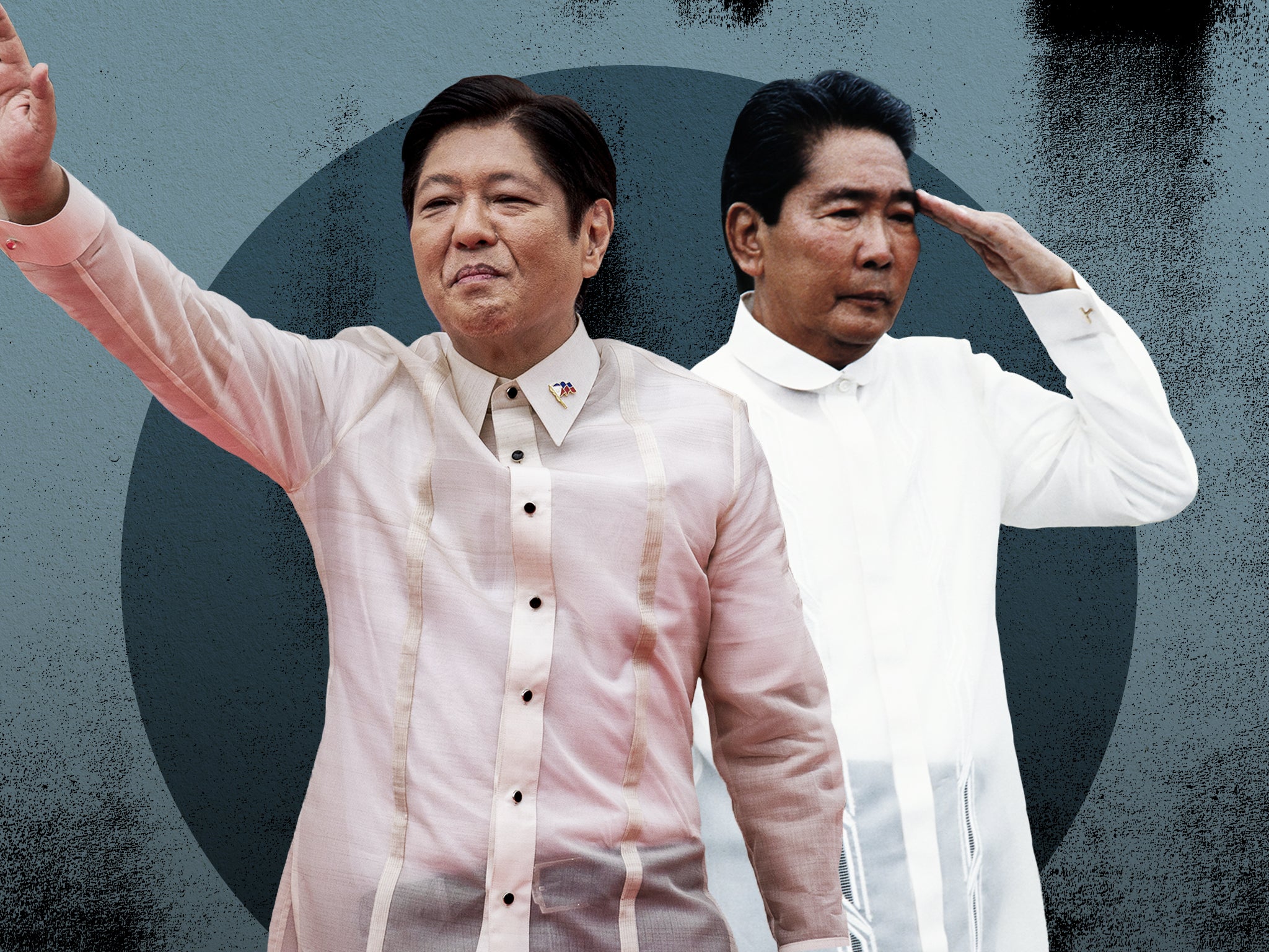 Ferdinand Marcos Jr at his inauguration ceremony today, left, and Marcos Sr during his presidency in 1985