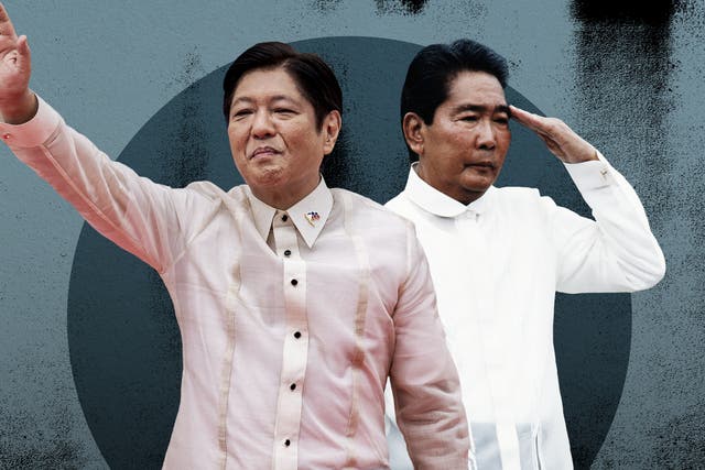 <p>Ferdinand Marcos Jr at his inauguration ceremony today, left, and Marcos Sr during his presidency in 1985</p>