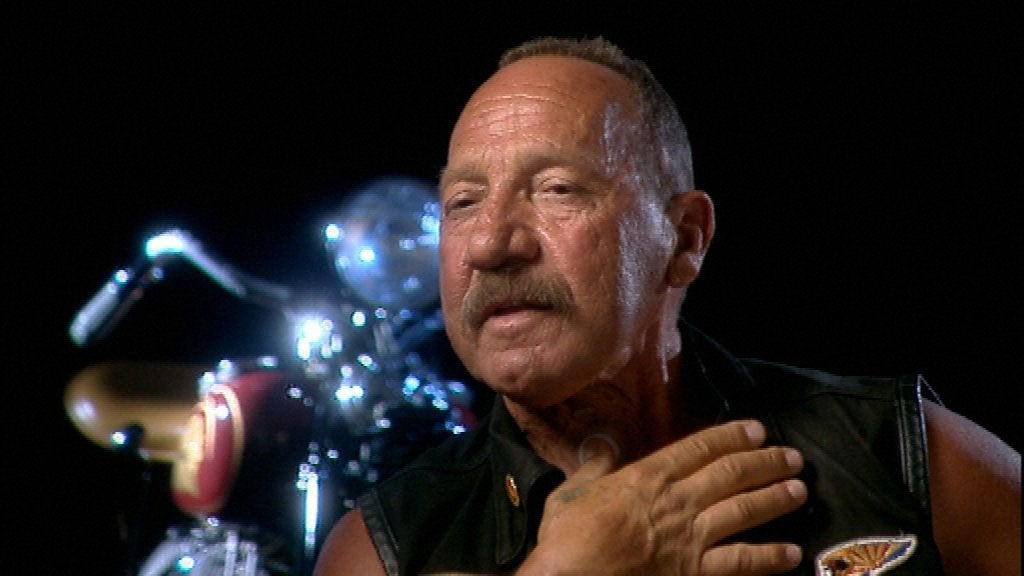 <p>Sonny Barger pictured in 2003 in a film about the Hells Angels </p>