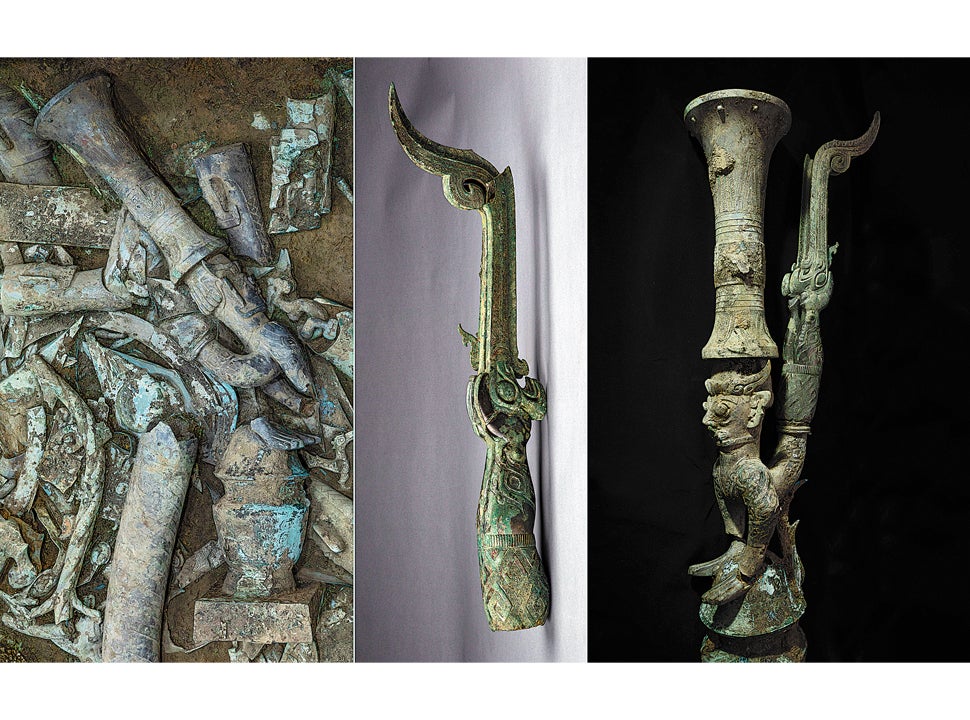 From left: A bronze statue is recently unearthed at the No 8 sacrificial pit at the Sanxingdui Ruins site in Southwest China’s Sichuan province; A bronzeware part that was unearthed from the No 2 sacrificial pit in 1986 is displayed at Sanxingdui Museum; The statue was restored on June 15 after the parts were reunited in a conservation laboratory