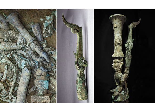 <p> From left: A bronze statue is recently unearthed at the No 8 sacrificial pit at the Sanxingdui Ruins site in Southwest China’s Sichuan province; A bronzeware part that was unearthed from the No 2 sacrificial pit in 1986 is displayed at Sanxingdui Museum; The statue was restored on June 15 after the parts were reunited in a conservation laboratory</p>