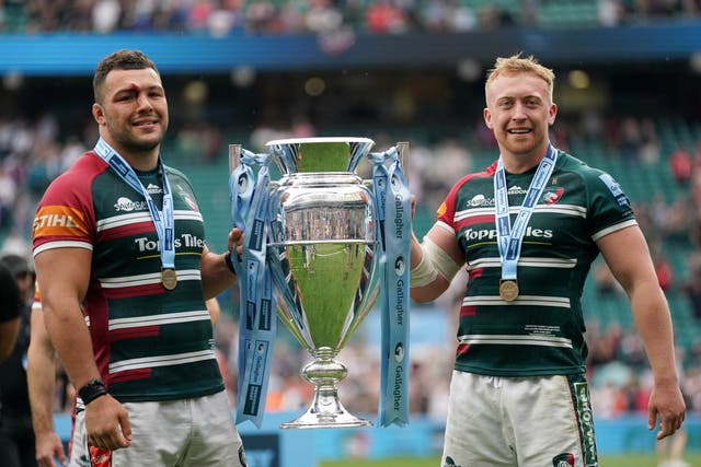 Tommy Reffell (right) celebrates with Leicester captain Ellis Genge after winning the Premiership title