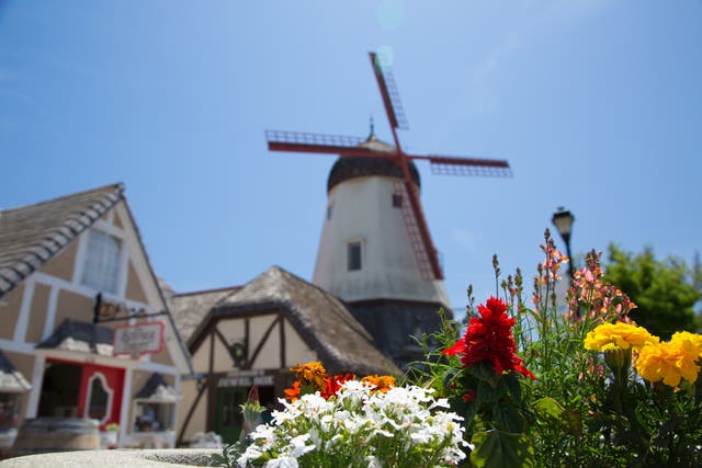 <p>A windmill and Scandi-style buildings in Solvang, California</p>