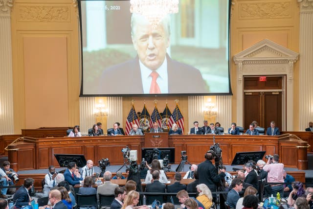 <p>Donald Trump appears on screen at a House select committee hearing.  </p>