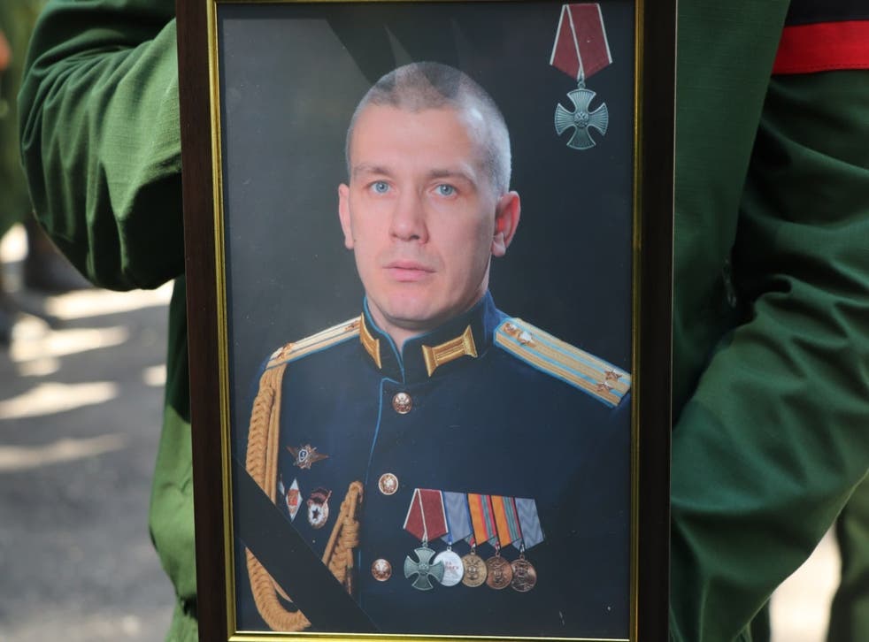 <p>Lieutenant Colonel Pavel Kislyakov, 40, was buried in Moscow Thursday</p>