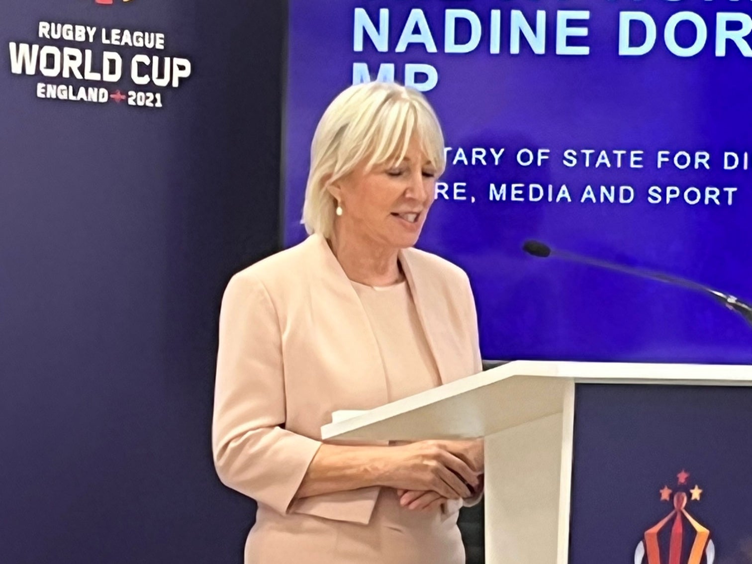 Nadine Dorries speaks at the Rugby League World Cup event in St Helens