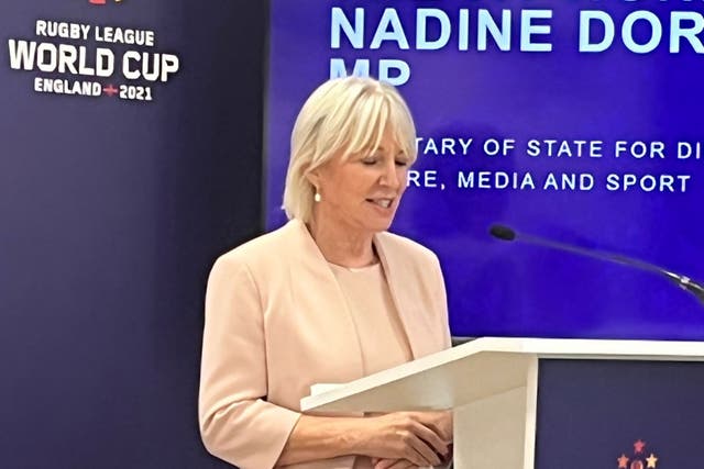 <p>Nadine Dorries speaks at the Rugby League World Cup event in St Helens</p>