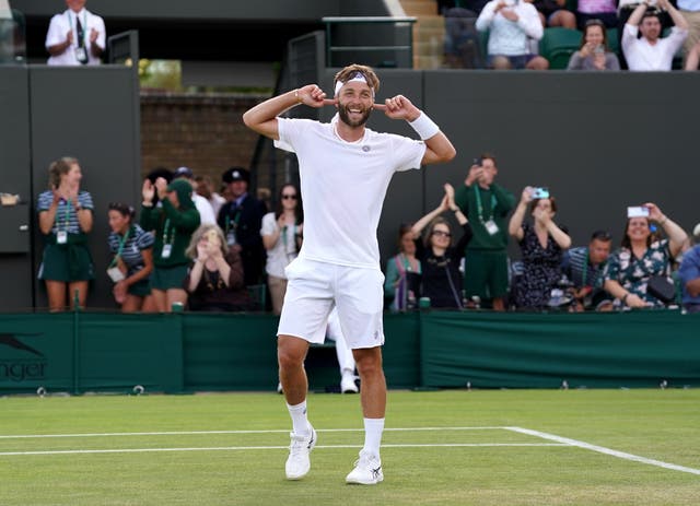 Liam Broady celebrates after beating Diego Schwartzman for a career-best win to reach the third round at Wimbledon (Adam Davy/PA)