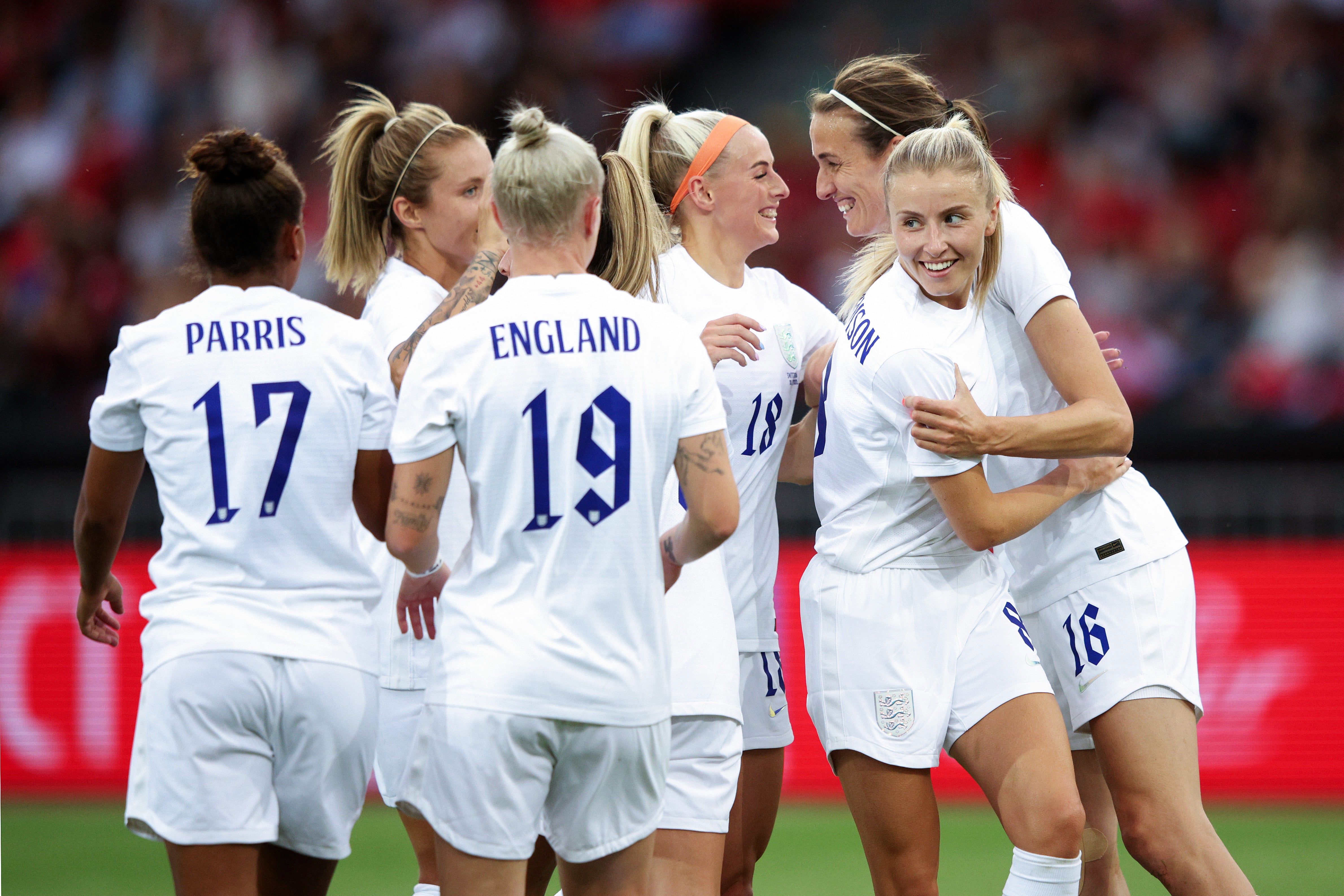 England celebrate their fourth goal, from Jill Scott