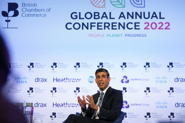 <p>Rishi Sunak at the British Chamber of Commerce’s annual global conference on Thursday </p>
