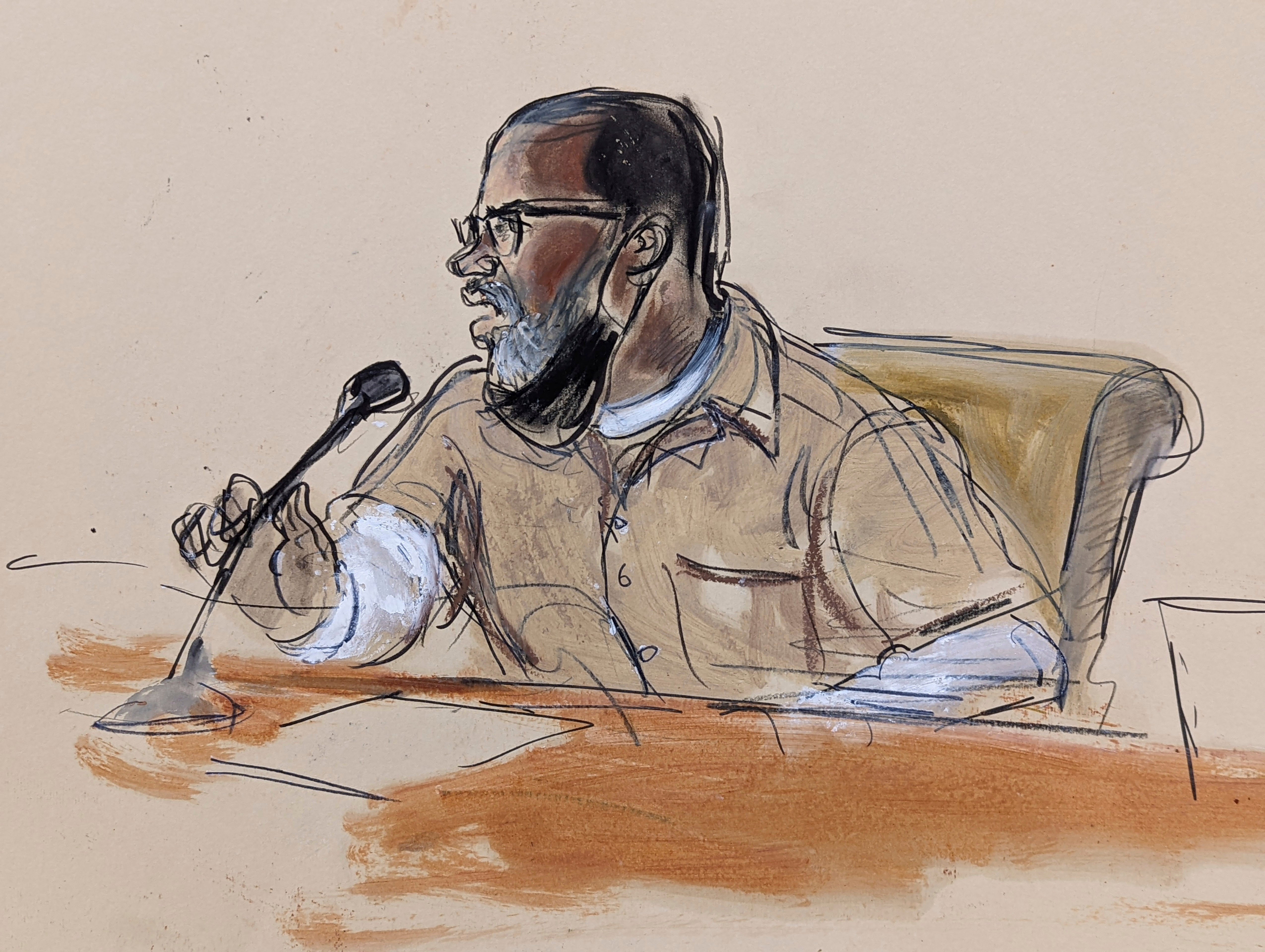 R Kelly, as depicted in a courtroom sketch