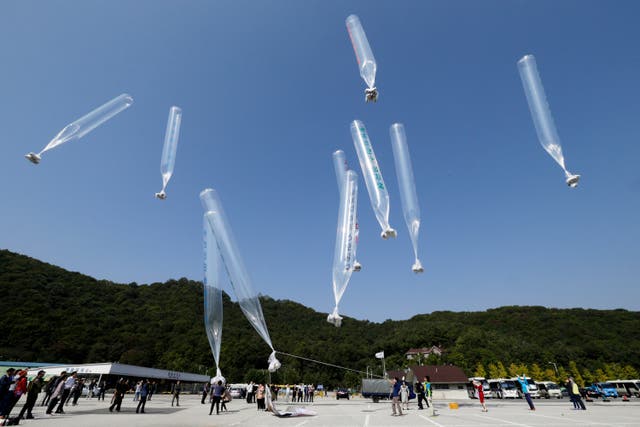 <p>File: North Koran defectors release balloons carrying leaflets condemning North Korean leader Kim Jong-un in Paju, near the border with North Korea, South Korea  </p>