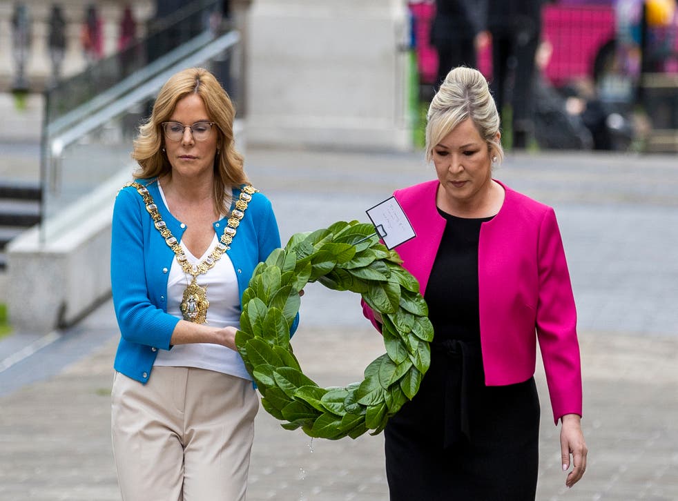 Belfast Lord Mayor Tina Black (left) with Sinn Fein Vice-President Michelle O’Neill lay a wreath at the Cenotaph in Donegall Square West in Belfast, to mark the anniversary of the first day of the Battle of the Somme in 1916. PA Photo. Picture date: Friday July 01 2022. See PA story ULSTER Somme. Photo credit should read: Liam McBurney/PA Wire