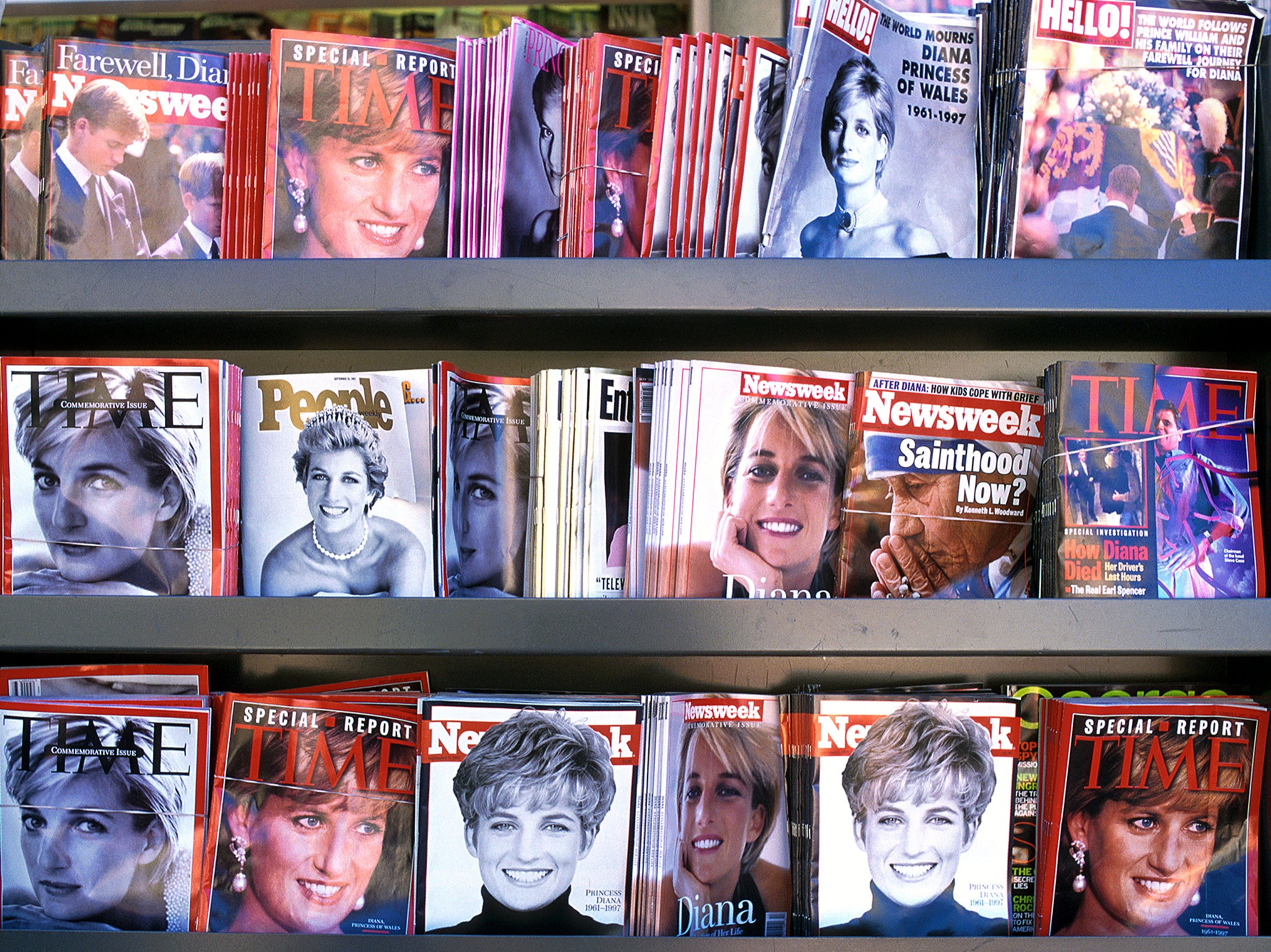 A magazine rack displaying Princess Diana covers in the wake of her death