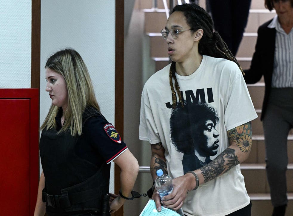 <p>Brittney Griner arrives at a hearing at the Khimki Court, outside Moscow, on July 1</p>