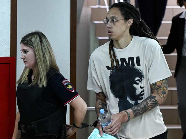 <p>Brittney Griner appeared at a hearing at the Khimki Court, outside Moscow, on Friday</p>