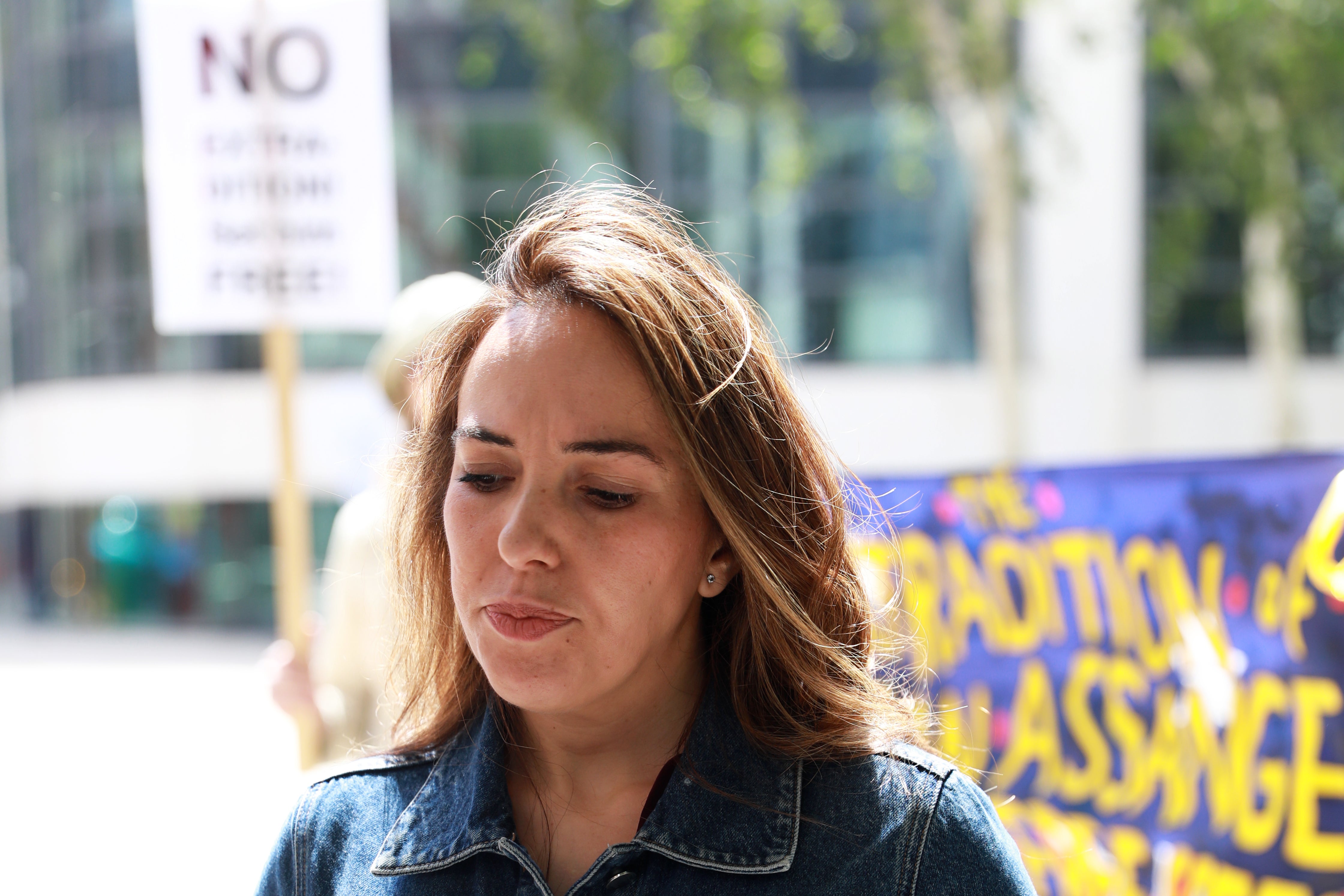 Stella Assange, the wife of Wikileaks founder Julian Assange, speaks to the media outside the Home Office in London, to mark his birthday (Ashlee Ruggels/PA)