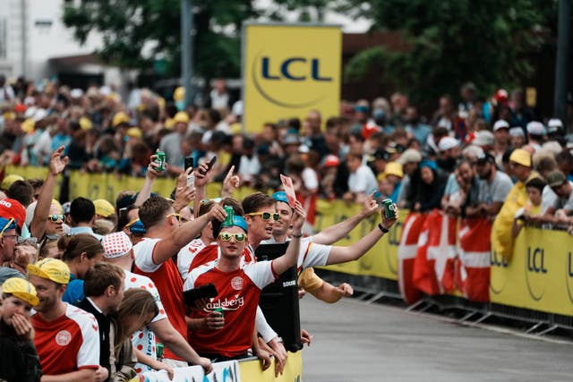 <p>Fans cheer prior to the first stage of the 2022 Tour de France in Copenhagen </p>
