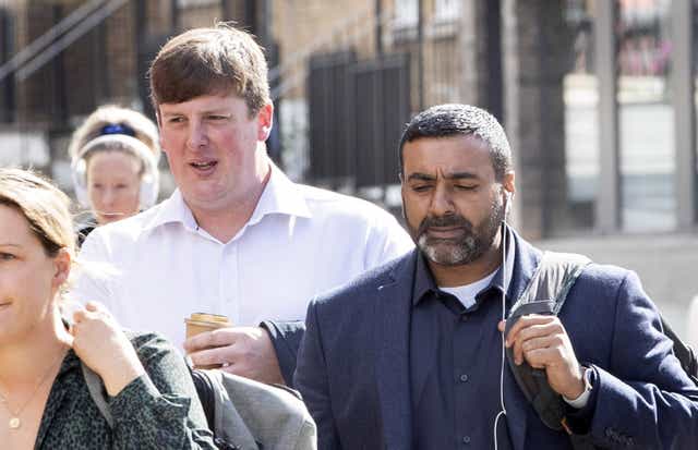 Pc Sukhdev Jeer (right) and Pc Paul Hefford arrive for a misconduct hearing (Joshua Bratt/PA)