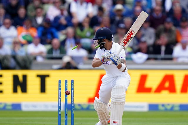 Virat Kohli chops a Matthew Potts delivery onto his stumps during India’s rearranged Test series decider against England at Edgbaston (Mike Egerton/PA Images).
