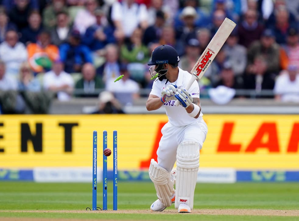 Virat Kohli chops a Matthew Potts delivery onto his stumps during India’s rearranged Test series decider against England at Edgbaston (Mike Egerton/PA Images).