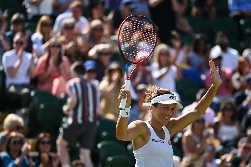 Tatjana Maria celebrates winning against Maria Sakkari