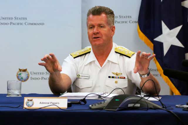 <p>Admiral Sam Paparo speaks at a news conference on Thursday discussing the fuel leak into the Pearl Harbor water system</p>