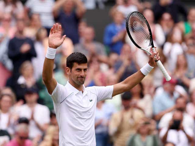 <p>Novak Djokovic celebrates his victory</p>