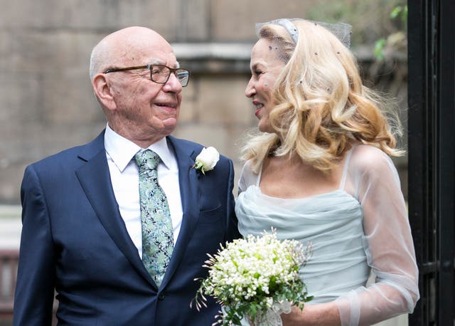 <p>Rupert Murdoch and Jerry Hall seen leaving St Bride’s Church after their wedding on March 5, 2016 in London, England.  </p>