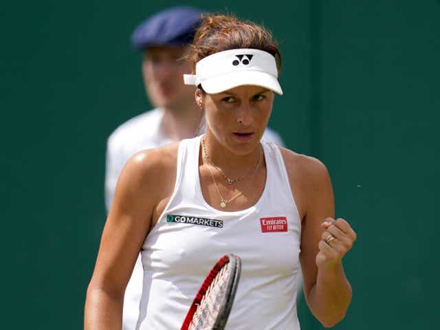 Tatjana Maria celebrates after beating Maria Sakkari in the third round at Wimbledon (John Walton/PA)