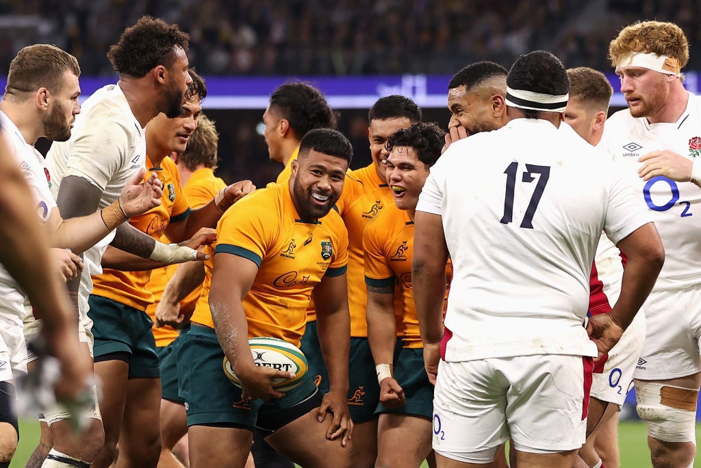 Folau Fainga’a of the Wallabies celebrates scoring a try