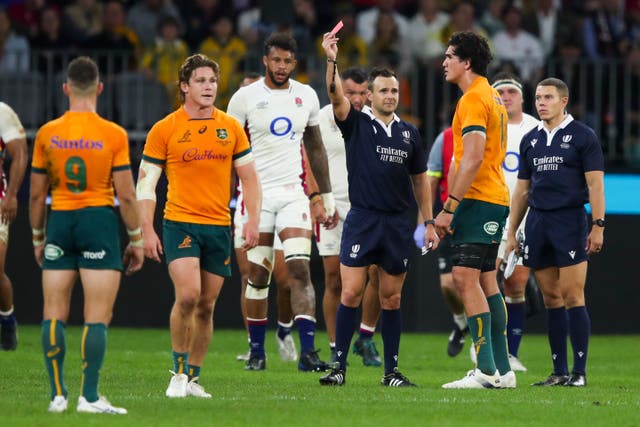 <p>Australia’s Darcy Swain was shown a red card</p>