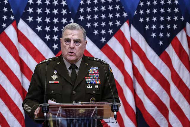<p>US chair of the joint chiefs of staff, General Mark Milley, speaks at a press conference at Nato headquarters</p>