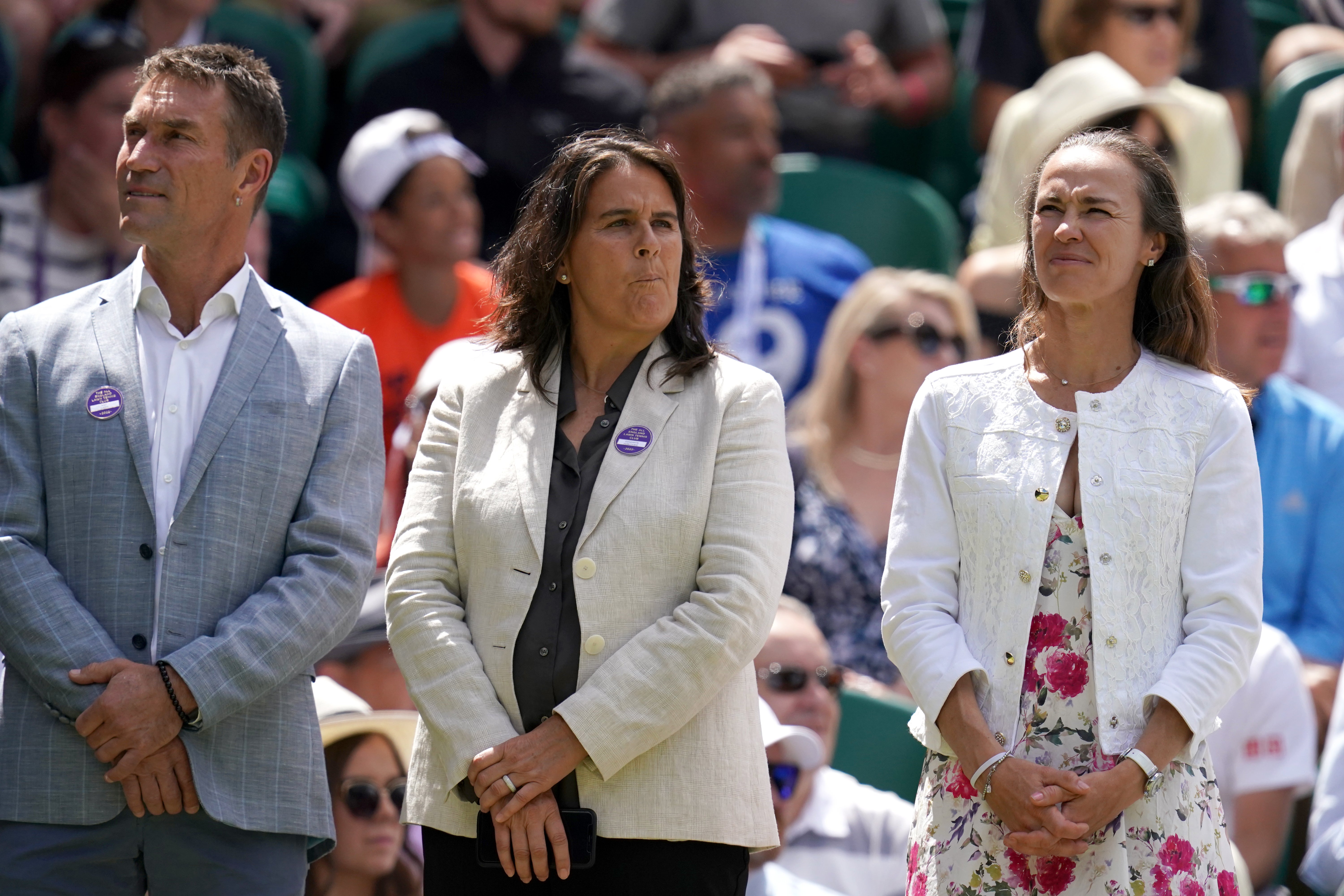 Pat Cash, left, Conchita Martinez, centre, and Martina Hingis were among the former champions introduced to the crowd (John Walton/PA)