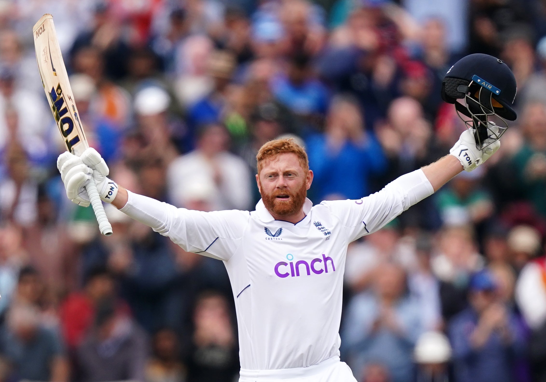 England’s Jonny Bairstow celebrates a century during day three of the fifth Test