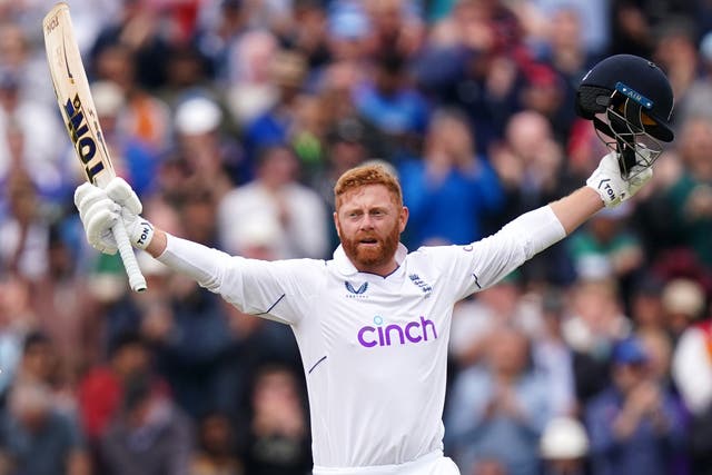 <p>England’s Jonny Bairstow celebrates a century during day three of the fifth Test</p>