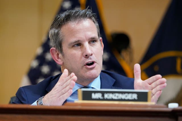 <p>Rep Adam Kinzinger during a hearing of the Jan 6 committee </p>