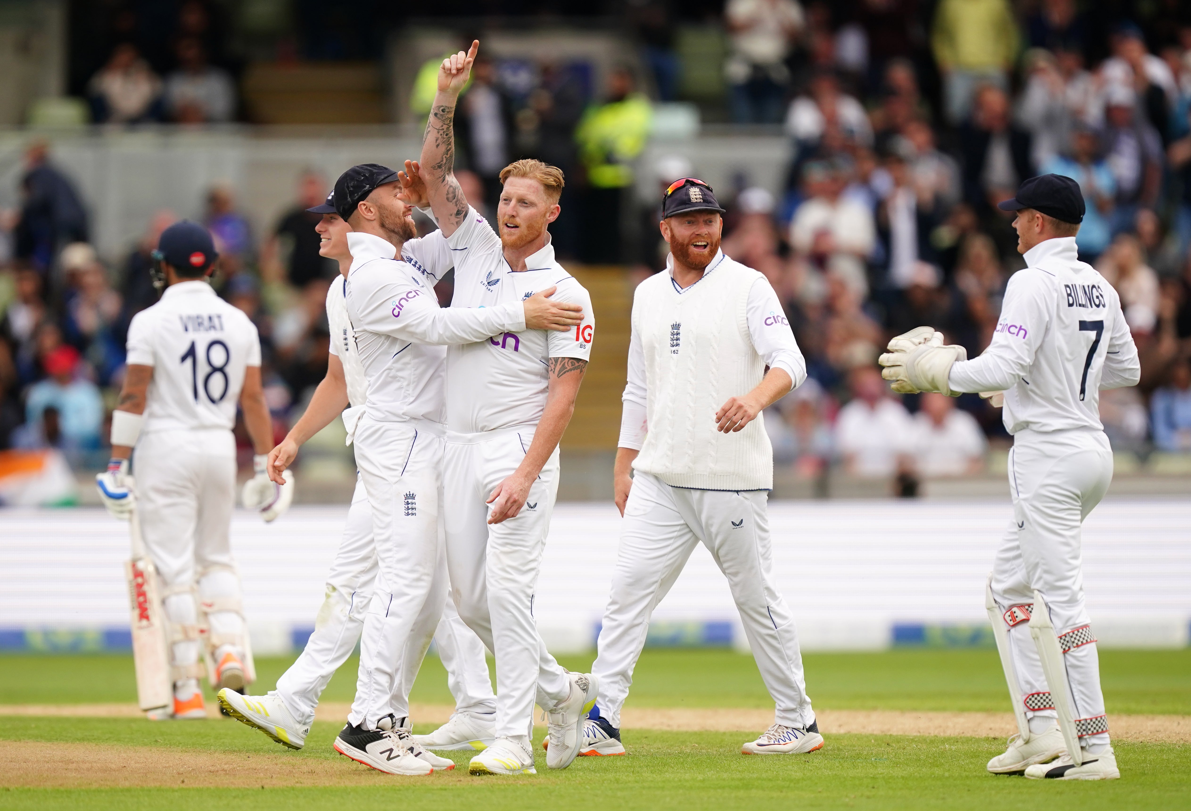 England’s Ben Stokes celebrates the wicket of India’s Virat Kohli (Mike Egerton/PA)