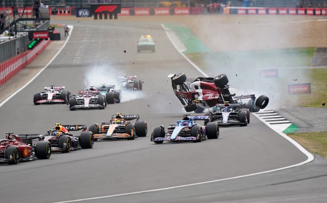 <p>Alfa Romeo’s Zhou Guanyu flips after a collision at the start of the British Grand Prix</p>
