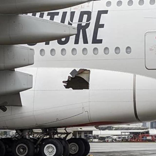 <p>The hole visible in the A380’s exterior</p>