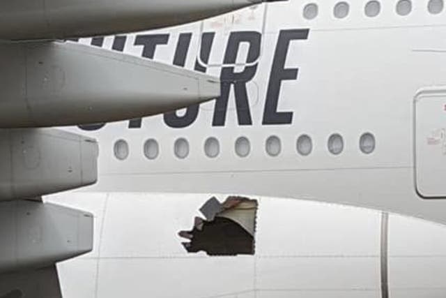 <p>The hole visible in the A380’s exterior</p>