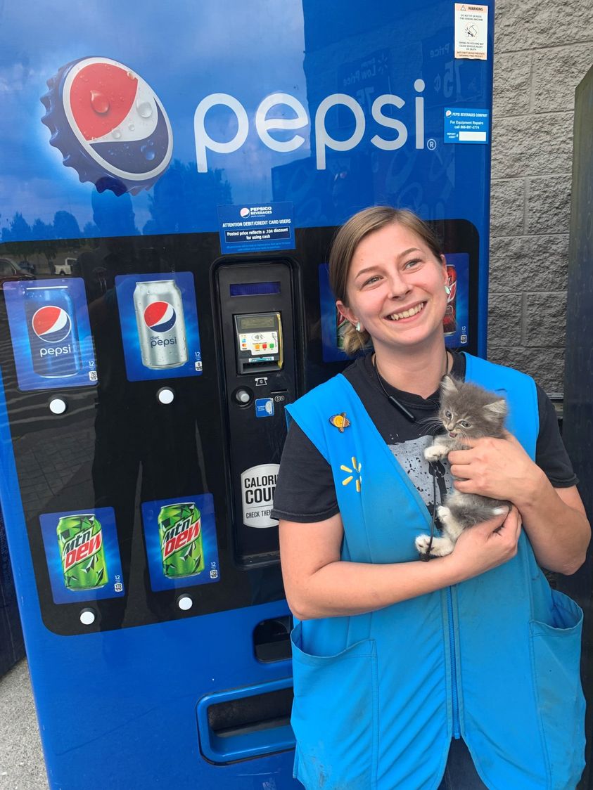 Lindsey Russell, the Walmart employee who heard ‘Pepsi’ the cat crying inside the vending machine, poses with her new rescued kitten