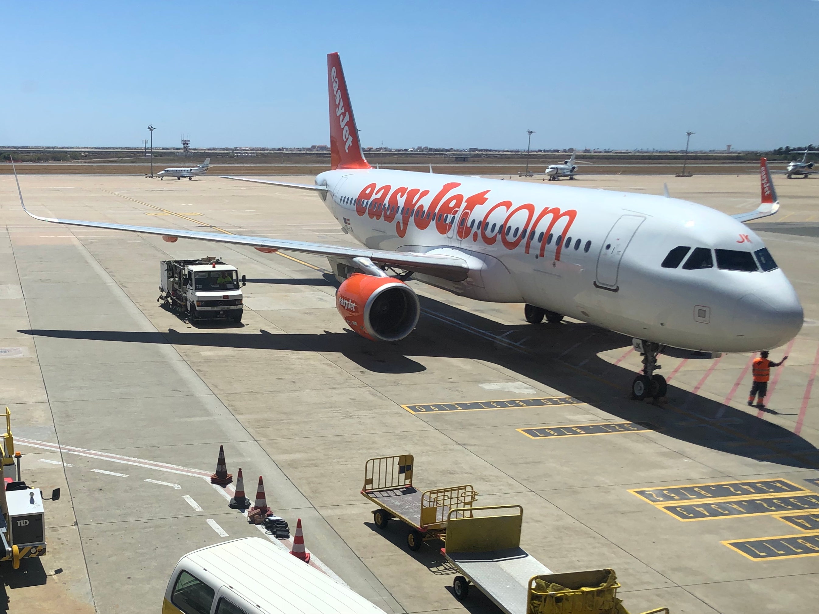 Departing soon? An Airbus A320 belonging to easyJet at Faro airport in Portugal