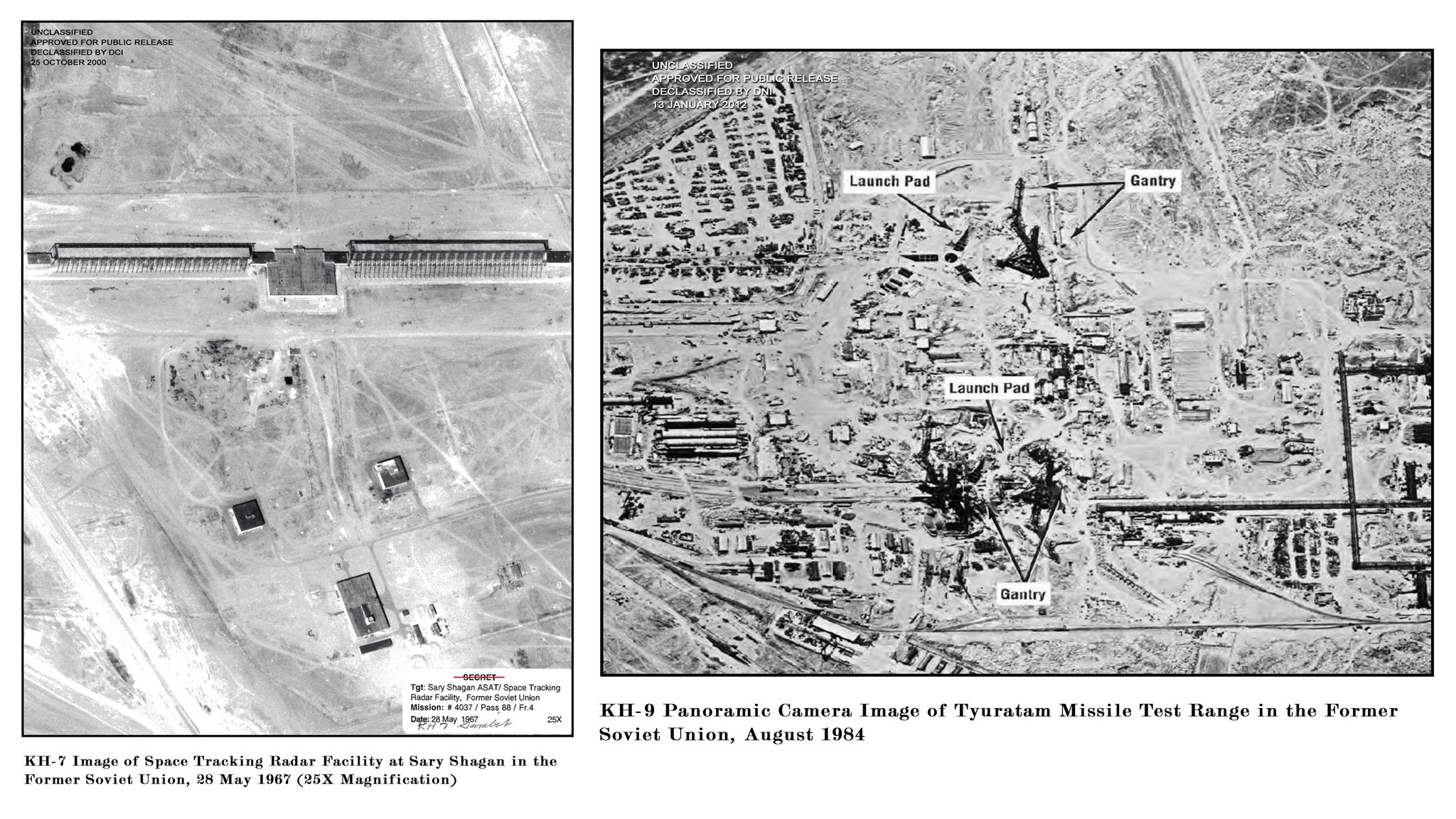 Declassified Gambit and Hexagon images of a Soviet radar facility (left, 1967) and a missile test range (right, 1984)