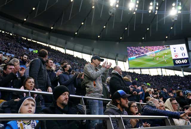 Tottenham fans in the safe standing area during last season’s FA Cup tie against Morecambe (John Walton/PA)
