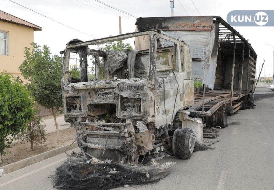 A truck was burnt during protests in Nukus, capital of the northwestern Karakalpakstan region, Uzbekistan
