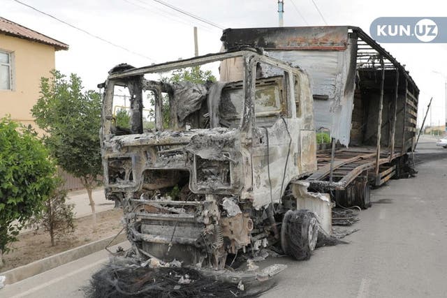 <p>A truck was burnt during protests in Nukus, capital of the northwestern Karakalpakstan region, Uzbekistan </p>