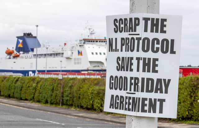 <p>An anti-Northern Ireland Protocol sign close to Larne Port (Liam McBurney/PA)</p>